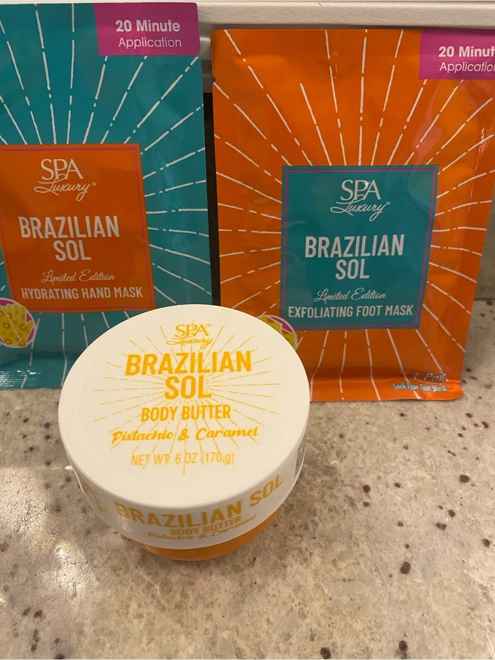 Brazilian Sol 3 pc set - Pistachio & Caramel Body Butter, hand & foot masks NWT